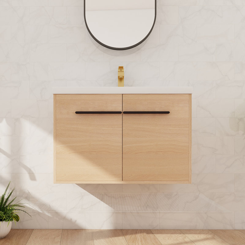 30" Single Floating Bathroom Vanity With Resin Basin Sink Top, Wall Mounted Bathroom Vanity With 2 Doors, Beige, 30"