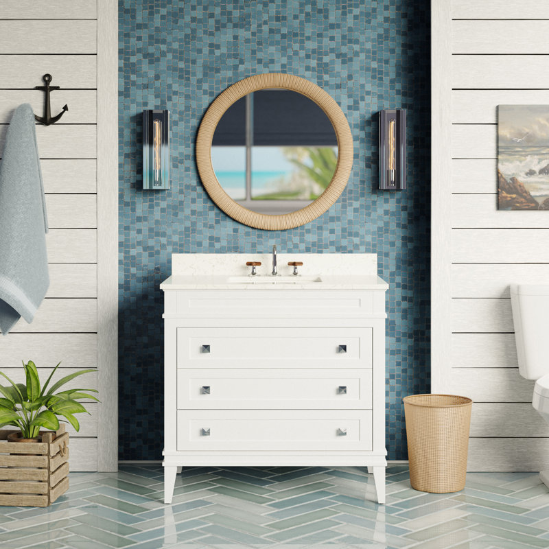 Meuble-lavabo simple 36 po avec armoire blanche et comptoir en marbre d'ingénierie Whitman, Blanc, Marbre d'ingénierie