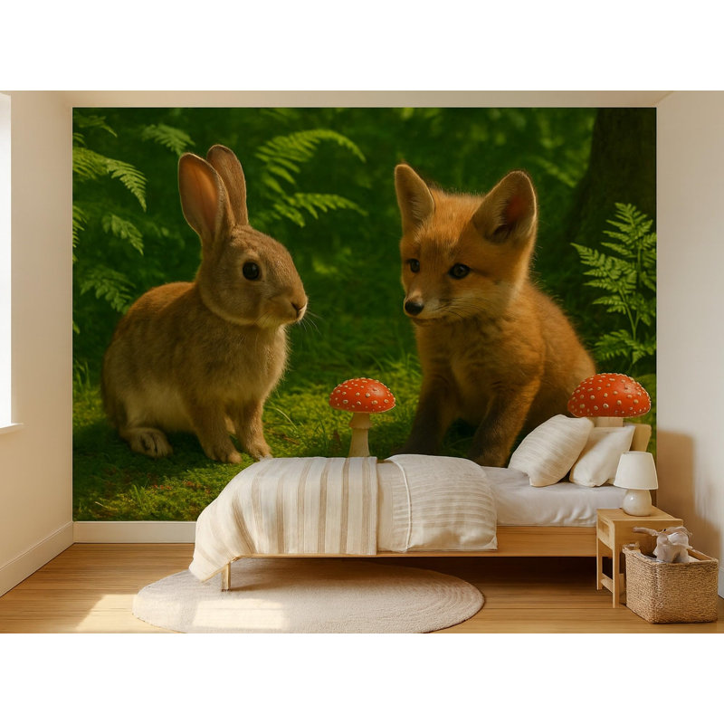 Woodland Animals Wall Mural, Peel and Stick Forest Wallpaper With Rabbit and Fox Cub, Removable Satin Finish Panels for Nursery and Kids Room, 65"W x 96"H