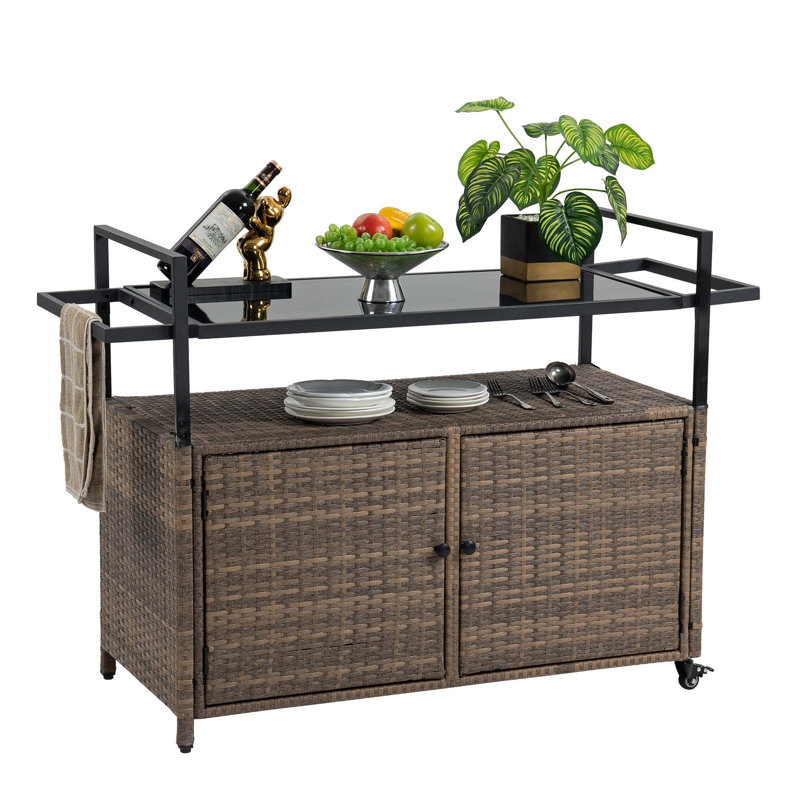 Outdoor Wicker Bar Cart, Patio Wine Serving Cart W/Wheels , Rolling Rattan Beverage Bar Counter Table W/Glass Top For Porch Backyard Garden Poolside Party, Light Brown