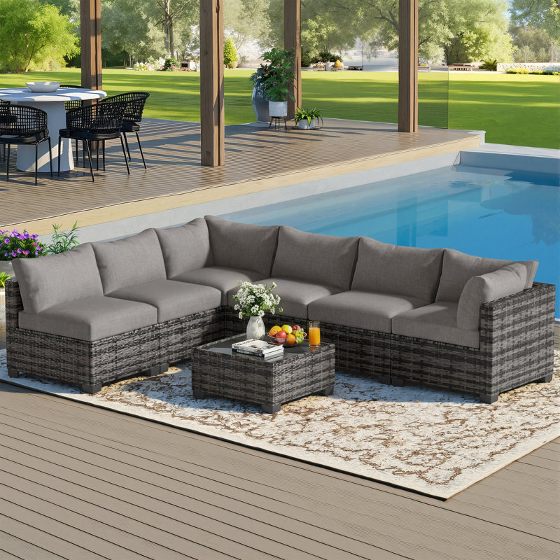 Outdoor 7-Piece Modular Rattan Patio Conversation Set with Cushions, Light Gray, Light Gray