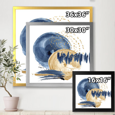 Bleu foncé et or abstrait cercle océan - cadre flottant, peinture sur toile