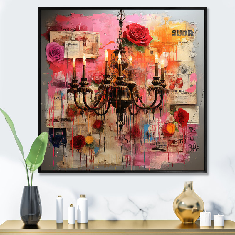 Lustre Pop Art en rose I - lustre mural, Cadre flottant noir, H 36 po x l 36 po