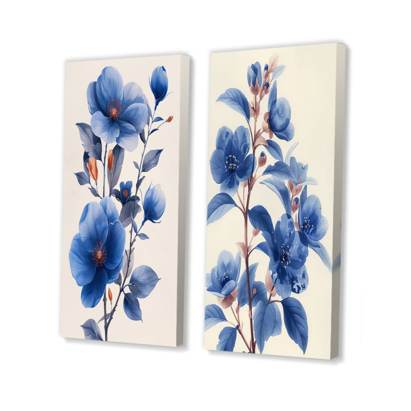 «Blue Cherry Blossom Beauty III» - ensemble d'art mural 2 pièces, Toile tendue, H 28 po x l 24 po