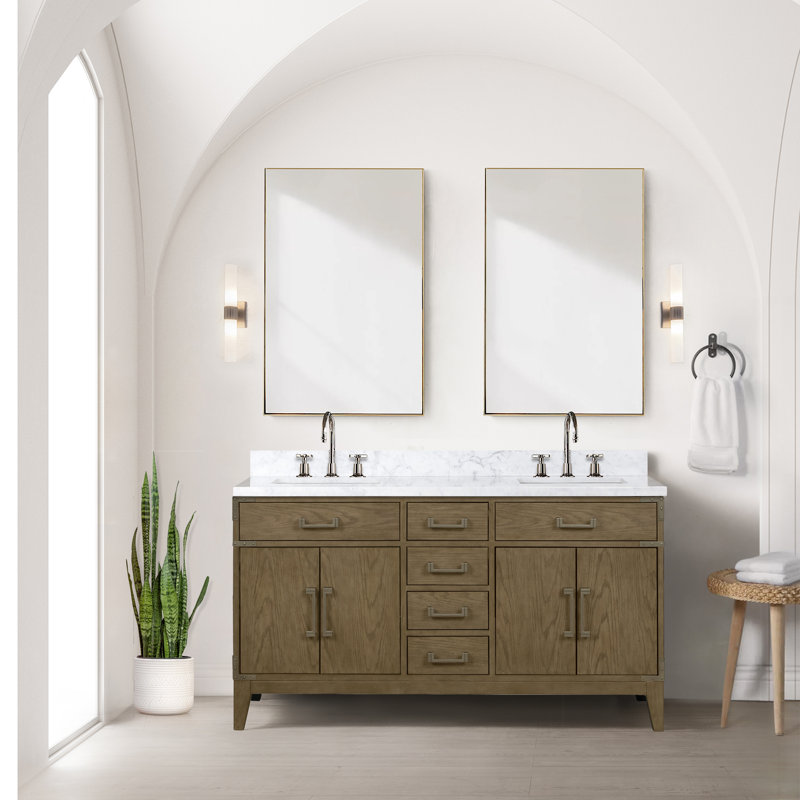 Laurel 60 in W x 22 in D Double Bath Vanity Mirrors with Faucet Set, White Carrara Marble, Grey Oak