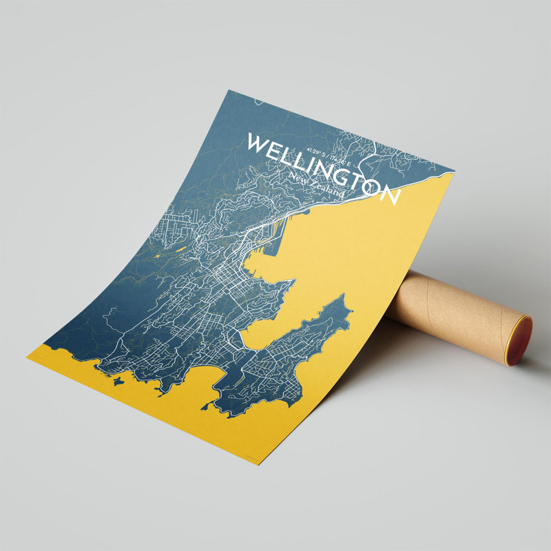 Wellington, carte de la ville, impression, Bleu / jaune, H 17 po x l 11 po