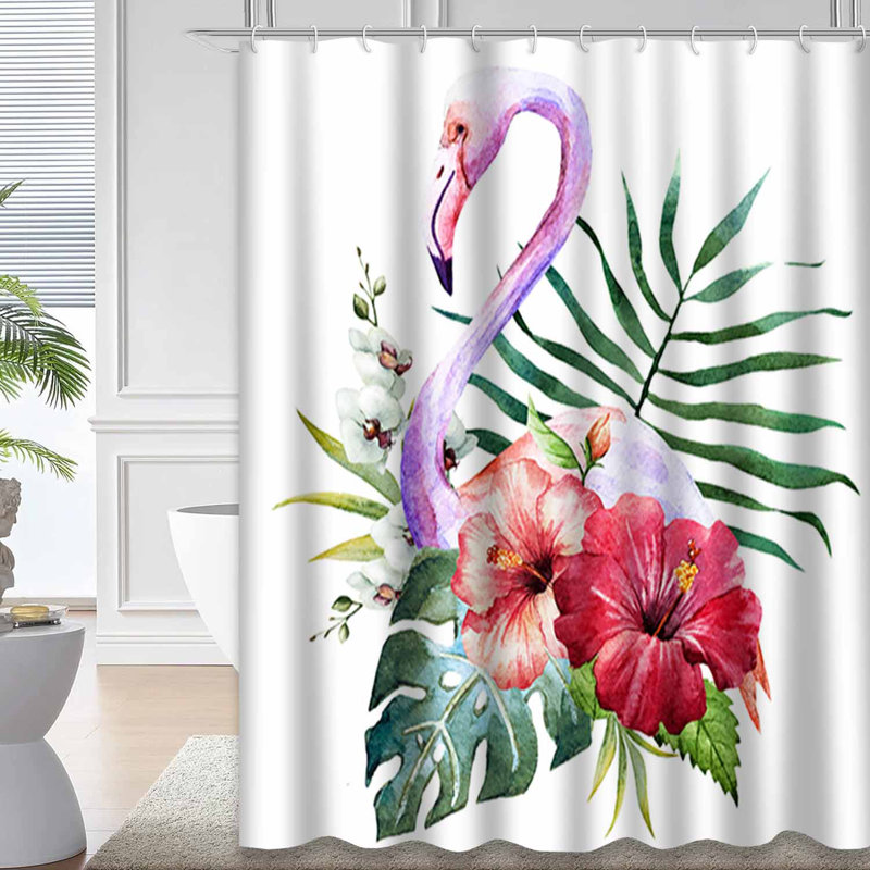 Aquarelle fleurs de flamant rose avec palmiers et 12 crochets, L 72 po x l 78 po