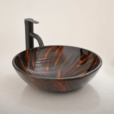 Bathroom Artistic Tempered Glass Vessel Bathroom Sink with Pop-up Drain, Amber-brown Tempered Glass Vanity Round Bowl (no Faucet)