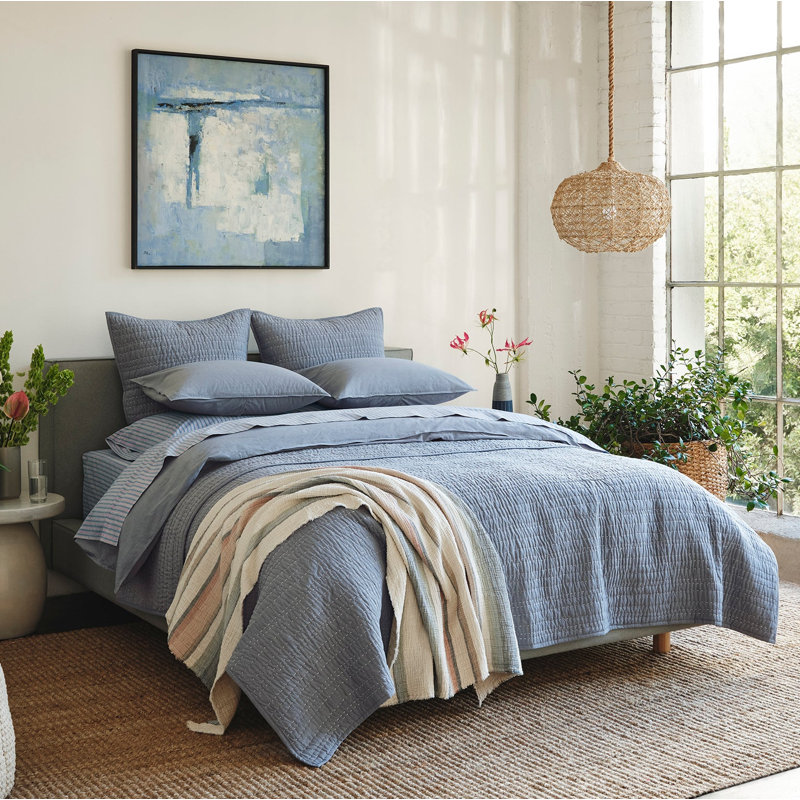 Organic Crinkled Percale Sheet Set, Full Sheet Set with 2 Pillowcases, Indigo Stripe
