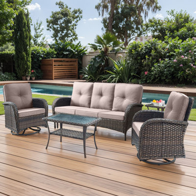 Valierius 5-Piece Outdoor Wicker Patio Furniture With 3 Seat Sofa & Swivel Chair, Coversation Set With Water Resistant Cushions