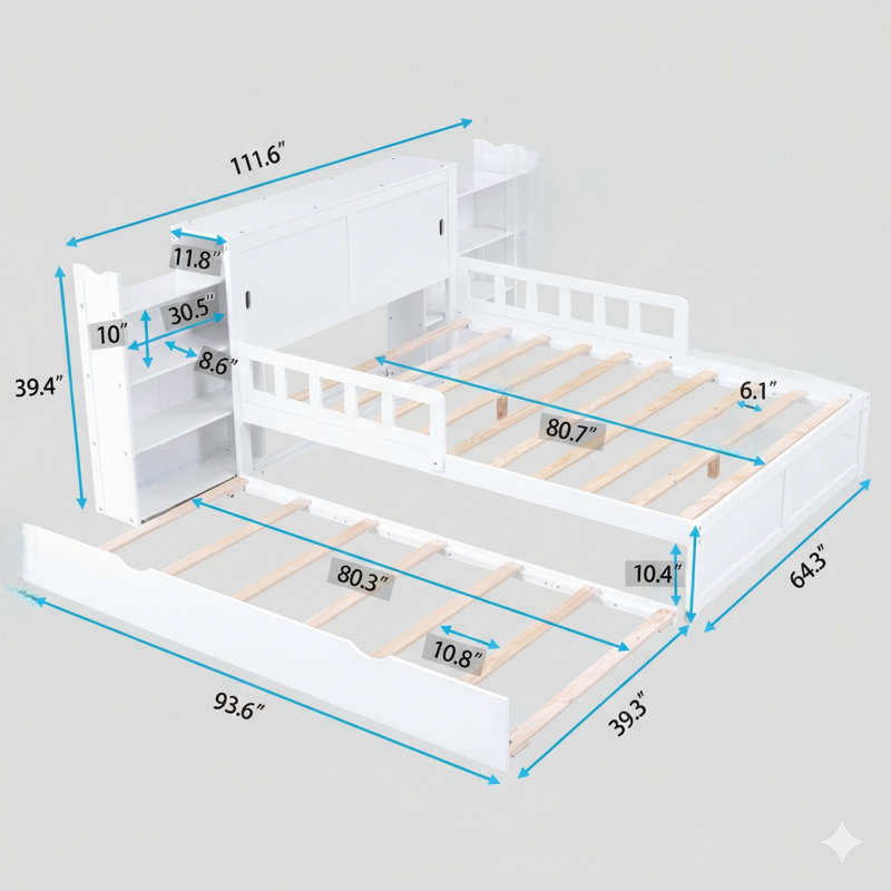 Grand lit plateforme avec rangement et tablettes gigognes. Finition blanche.