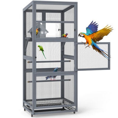 Wood Bird Cage With Universal Wheels-Gray