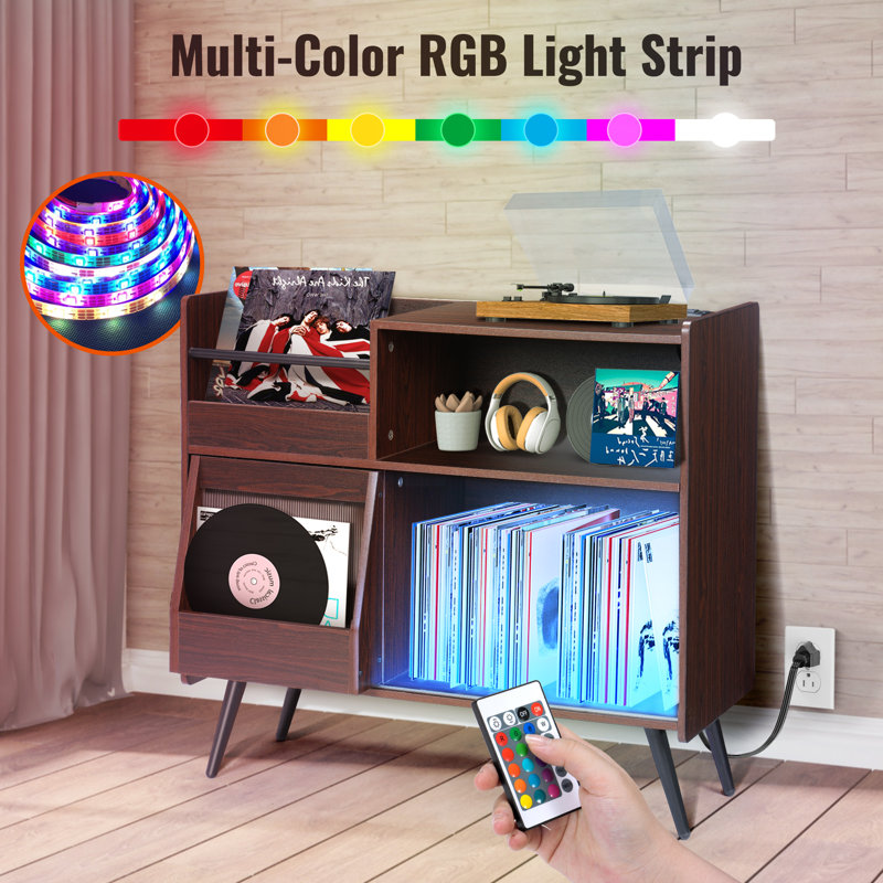 Large Dark Brown Wood Record Player Stand with LED Light and Power Outlet