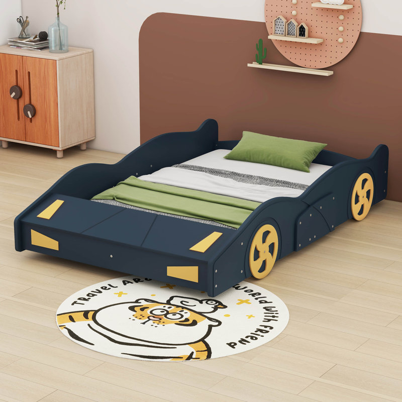 Lit plateforme en forme de voiture de course Shanlee, Bleu foncé / Jaune