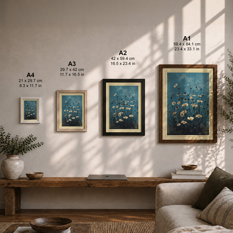 White Daisies Rising Botanical - Framed Print, Walnut, A4 - 29.7 x 21.0 cm