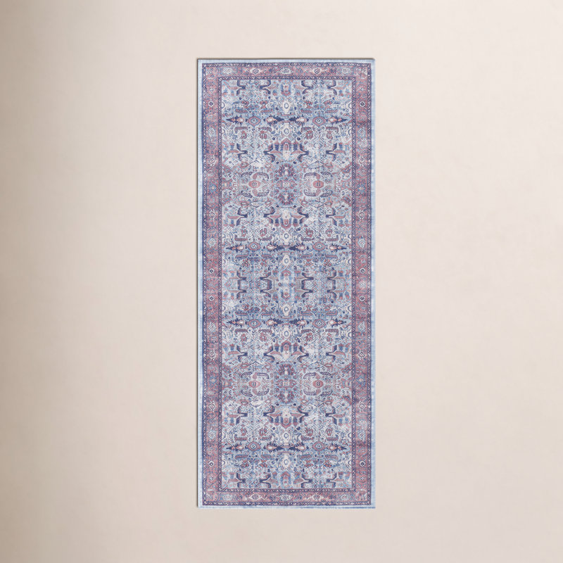 Analyah Denim/Brown/Beige Machine Washable Area Rug, Runner 2'7" x 12'