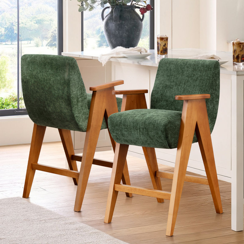 Tabouret de comptoir rembourré avec accoudoirs Betty, Vert