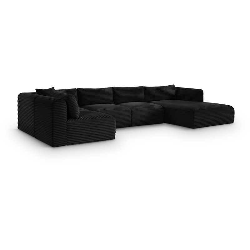 Canapé modulaire Carmean, Tissu velours côtelé texturé noir, 3 sans accoudoirs, 1 méridienne, 1 coin