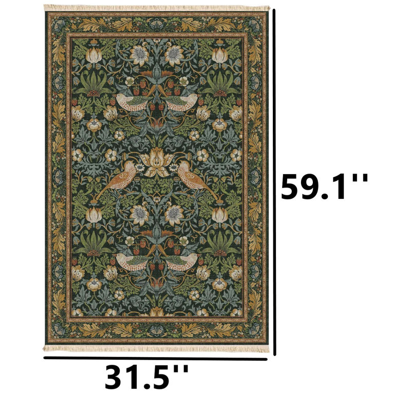 Dark Teal Bird & Bloom Arts and Crafts Area Rug