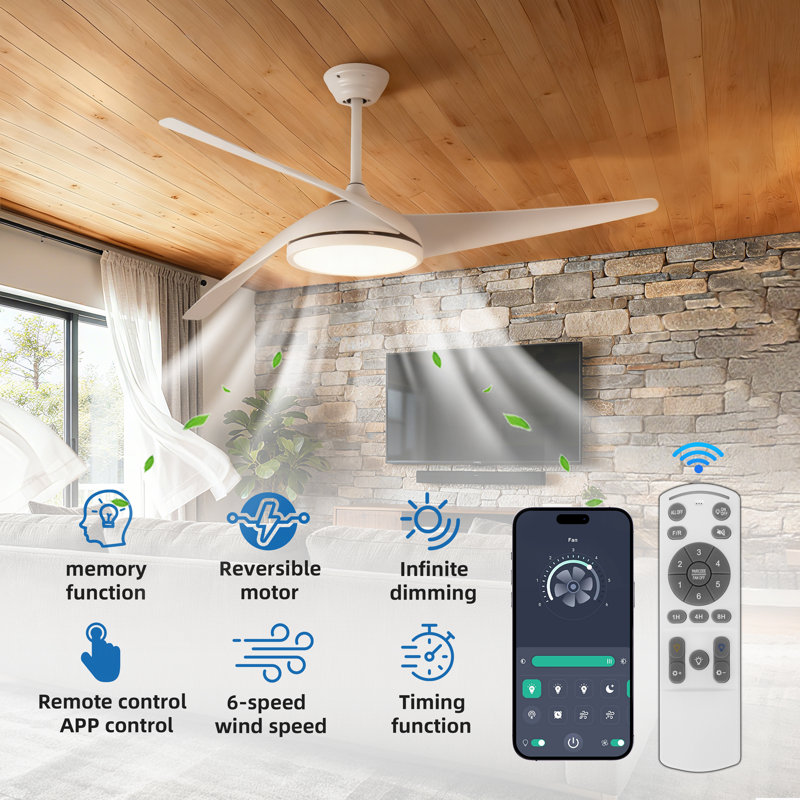 52 In. 3-Blade Smart Downrod Mount Standard Ceiling Fan With 3-Color Dimmable Led Light, Remote Control, Reversible Dc Motor