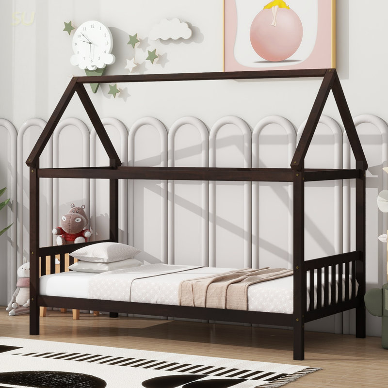 Twin Size House Bed With Roof Design, Solid Wood House Bed With Headboard And Footboard, Espresso