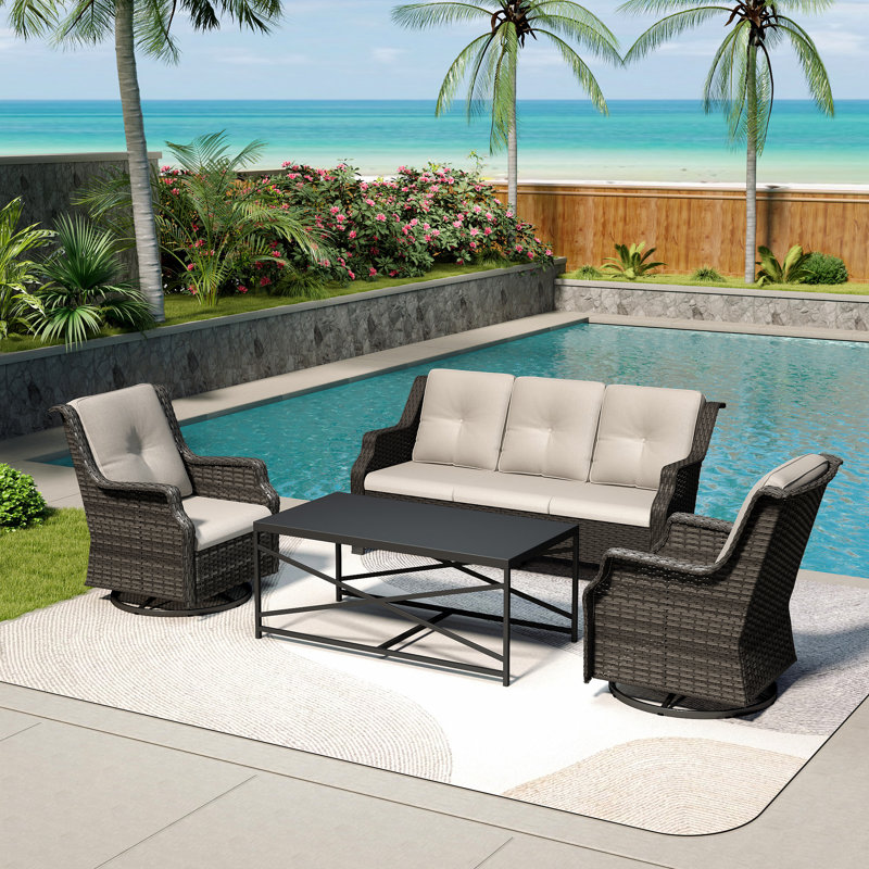 Ensemble de patio extérieur en osier 5 personnes avec canapé 3 places, chaises, table basse et coussin, Beige
