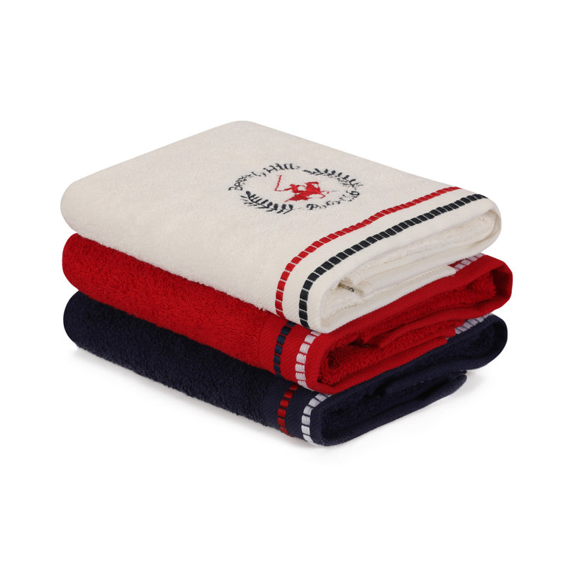 Ensemble de serviettes 3 pièces 100% coton, Blanc / bleu foncé / rouge