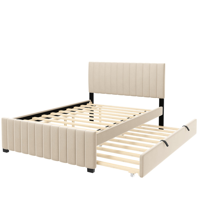 Lit plateforme tapissier en velours beige avec lit gigogne simple - Lit double et tissu confortable, Lit double, Beige