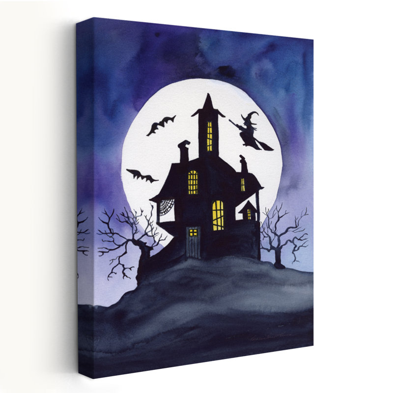 Maison hantée - art de pleine lune noir et bleu chauves-souris, H 48 po x l 32 po
