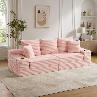 Très grand canapé sans siège à quatre places avec porte-gobelet et poches latérales, canapé-lit rembourré en velours côtelé avec 3 coussins, 2 coussins lombaires, salon, chambre à coucher, sans assemblage, matériau respirant