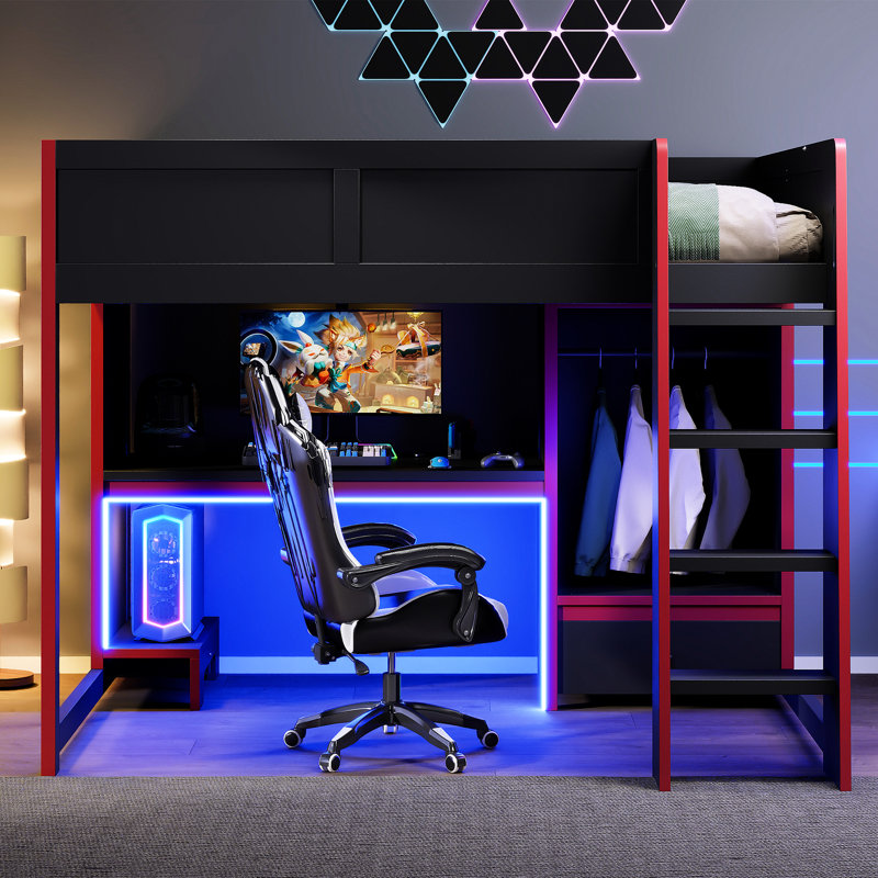 Lit double, lit mezzanine en bois, noir, bureau intégré, garde-robe, DEL, tiroir, peu encombrant, design moderne, fonctionnel pour les amoureux