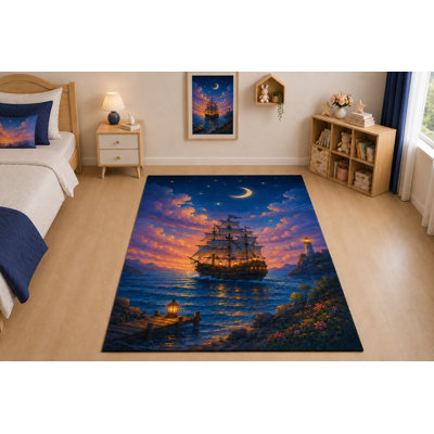 Tapis ultramince « 152 x 213 cm » à motif de voilier au clair de lune, idéal pour le salon, la chambre à coucher et le bureau. Moquette douce à poils courts avec envers antidérapant en silicone, bleu et orange.