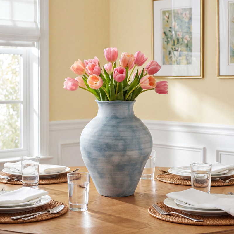 Ambretta Handmade Terracotta Table Vase, Blue, 14" H x 10.50" W x 10.50" D