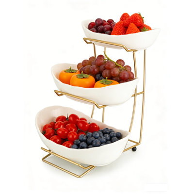 Maria à 3 niveaux en céramique avec support en acier inoxydable, support à fruits amovible allant au lave-vaisselle pour un cadeau de fête