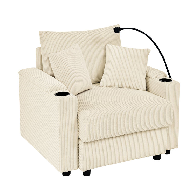 Fauteuil d'appoint beige avec support pour téléphone et coussin épais de 8 po pour le rangement relaxant des accoudoirs du salon