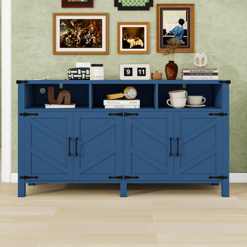 Sideboard with 4-Door, Power Outlets and Adjustable Shelves, Navy Blue