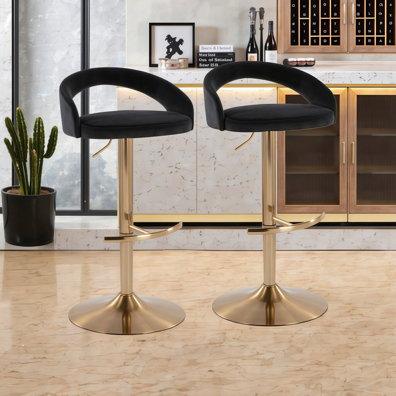 Ensemble de 2/3 tabourets de bar pivotants réglables en velours avec repose-pieds en T et base en métal, Doré, 2, Noir