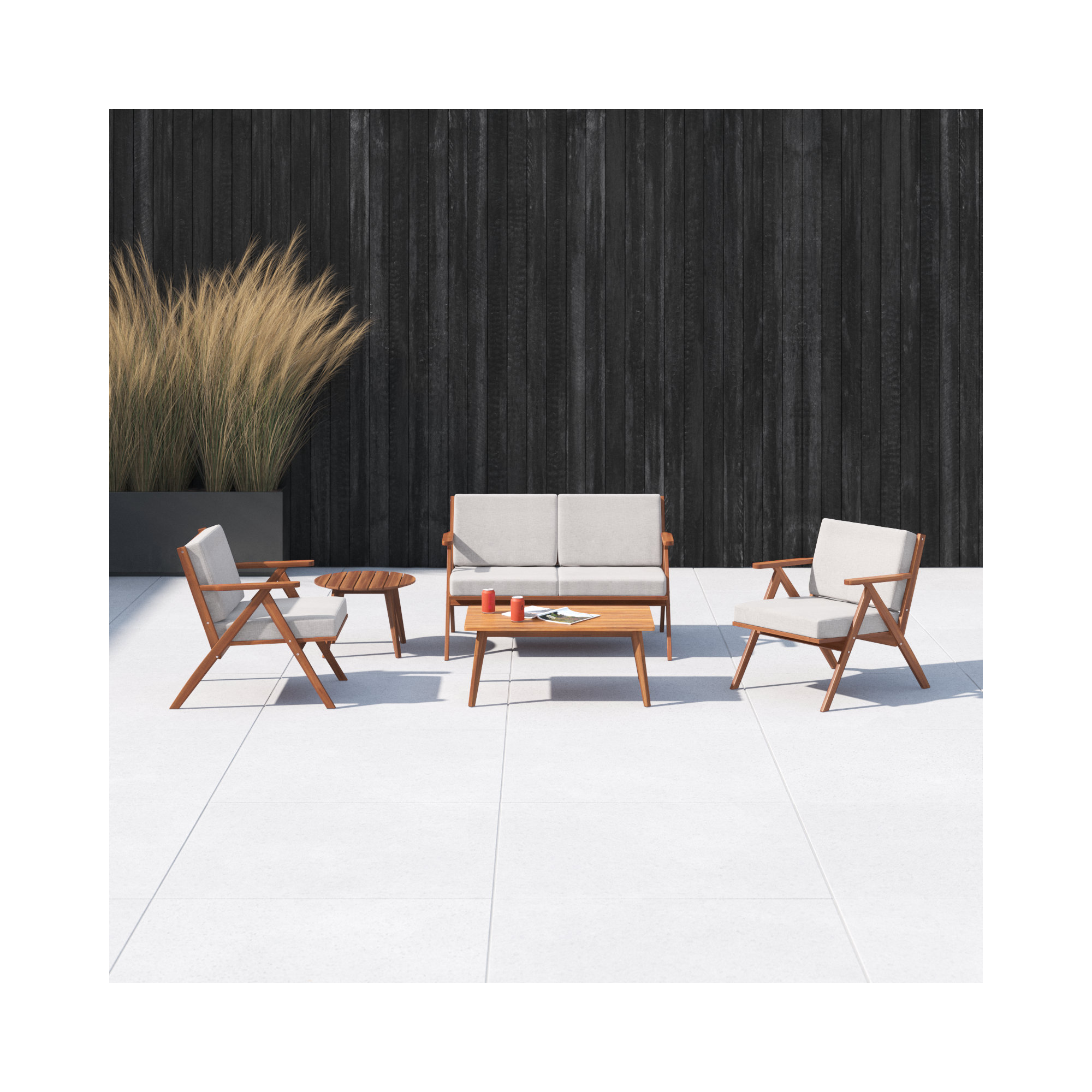 Jose 5 Piece Sofa Seating Group with Cushions, Light Gray, Natural