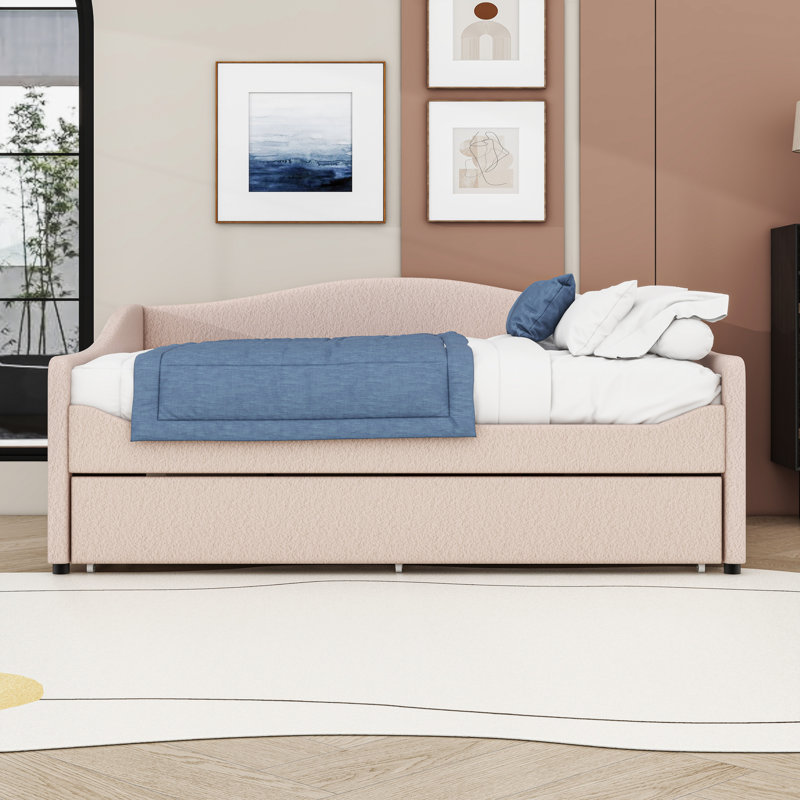 Lit de jour rembourré Teddy avec lit gigogne simple et caractéristiques DEL intelligentes, Beige, Double