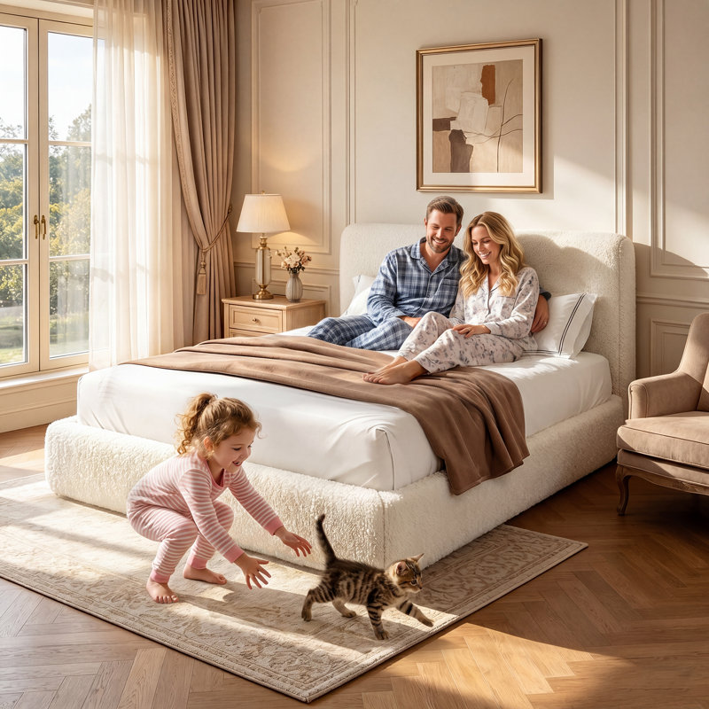 Structure de lit avec tête de lit rembourrée Boucle, Beige, Queen