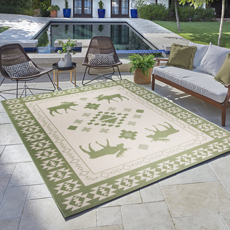 Solterra Timberhall Palm Green Cream Beige Rustic Lodge Moose Flatweave Polypropylene Indoor/ Outdoor Area Rug