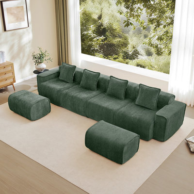 Streamlined Design Modular 4 Seat U Shape Sectional Boneless Sofa With French Edge Piping, No Assembly Required,4-Seat Sofa Couch With Throw Pillows And 2 Movable Ottomans, Velvet Fabric Green