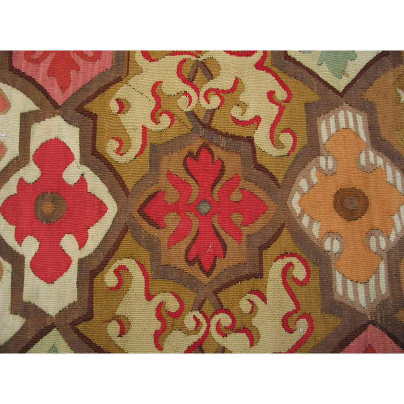 Artistic Antique Geometric Pattern Square Shape French Aubusson Flat Weave Rug