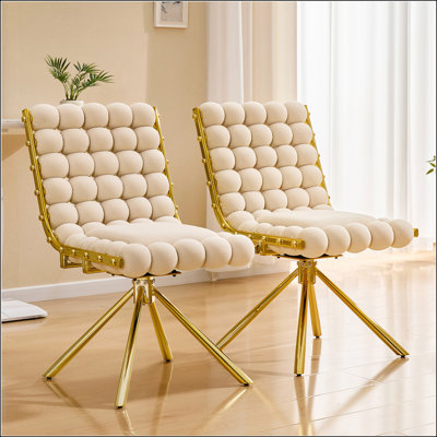 Set of 2 Cream Bubble Tufted Swivel Accent Chair, Modern Velvet Armless with Gold Metal Frame for Dining and Living Rooms