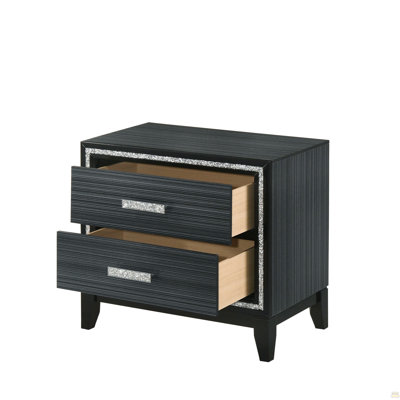 Contemporary Bedroom Furniture Black Finish Nightstand With Two Drawers Wooden 1Pc Shimmering Silver Trim Accent