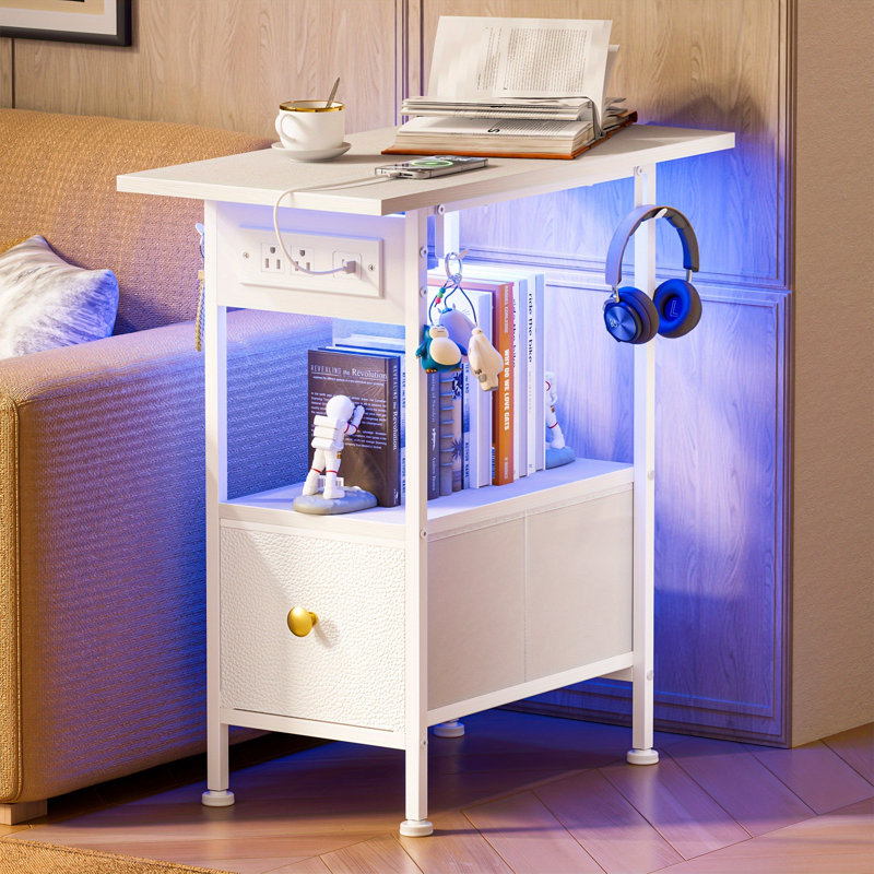 Latiana Nightstand Narrow Side Table, End Table with Charging Station, Bed Side Table with Drawers, Small Side Table, Nightstand for Small Spaces, Bedside Tables with Storage Shelf for Living Room, Bedroom, White