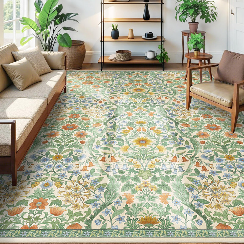 Washable Area Rug - Vintage Boho Botanical Low-Pile Rug, Rectangle 8' x 10', Grass Green