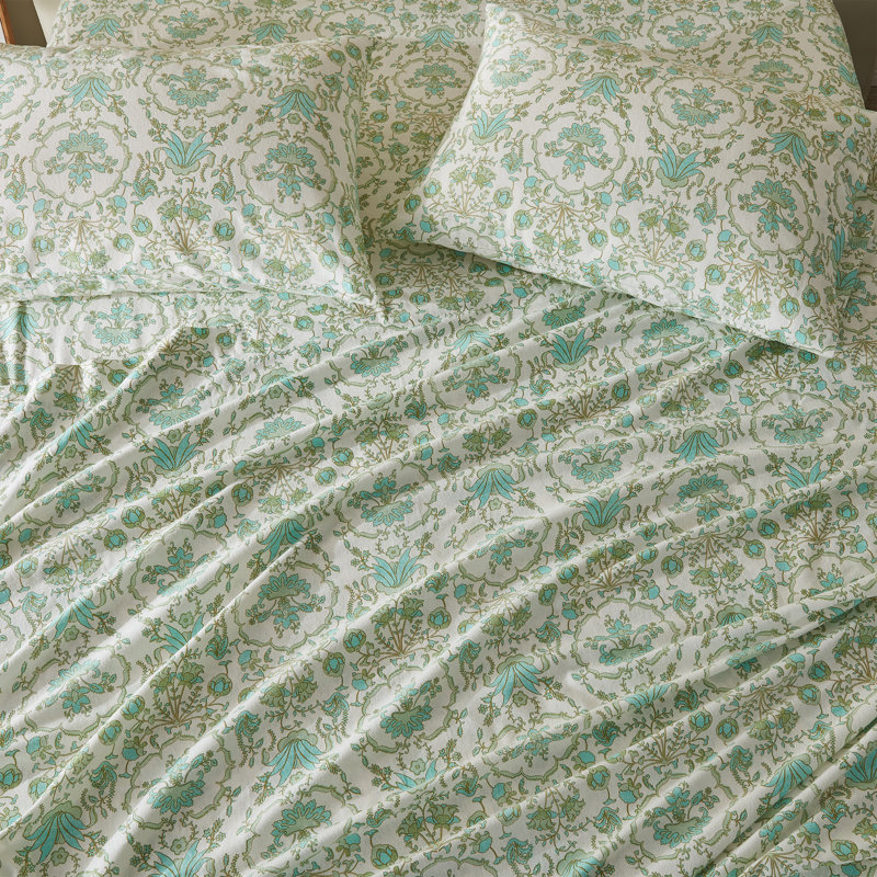 Ensemble de draps 100% coton, Ensemble de draps pour grand lit + un drap-housse, Floral géométrique - turquoise