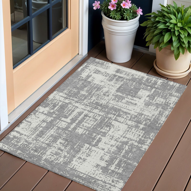 3' X 5' Gray And Ivory Abstract Washable Indoor Outdoor Area Rug