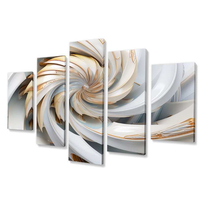 Fractales tourbillonnantes en or et blanc - art mural sur toile Fractals - 5 panneaux